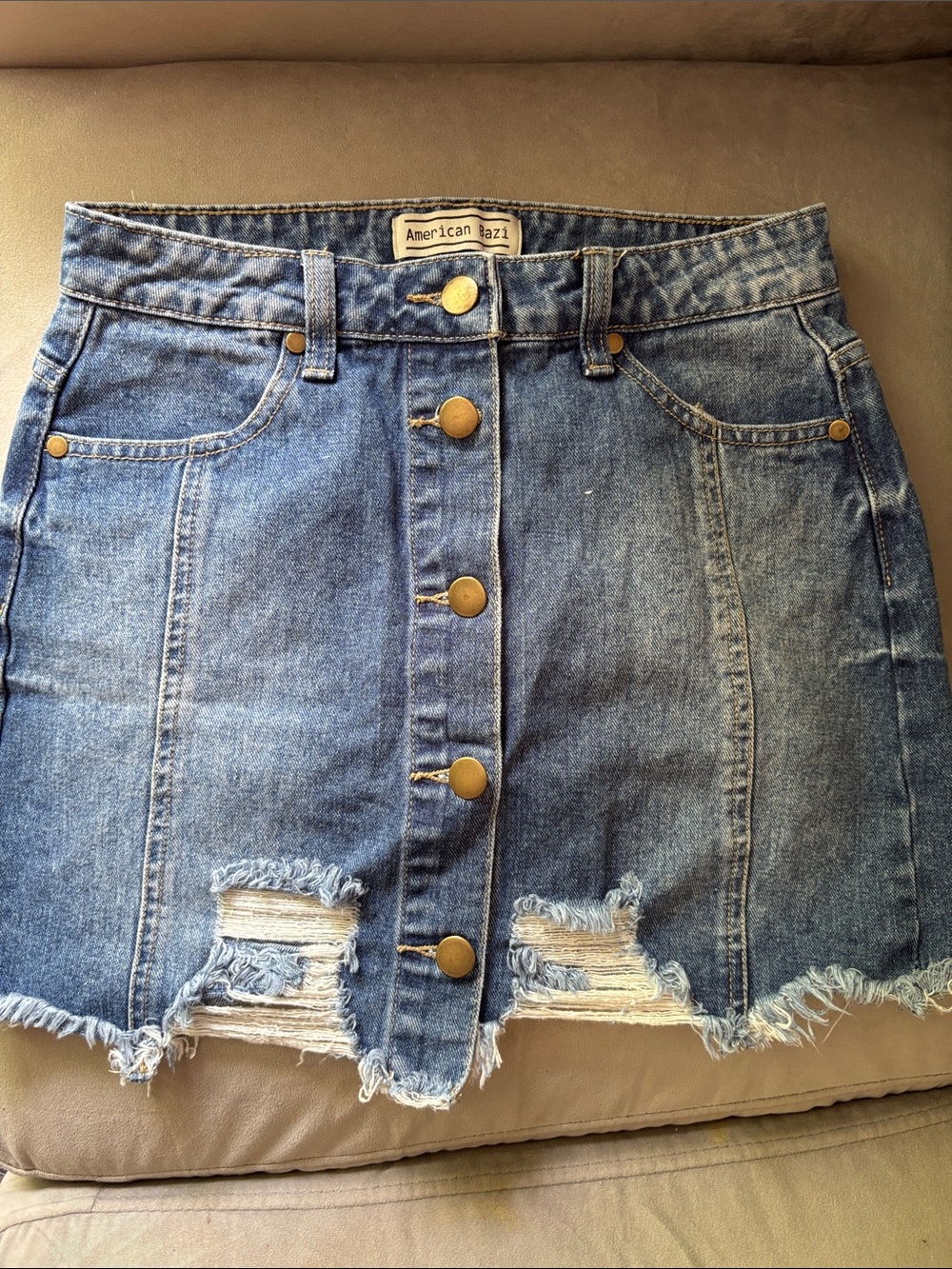 American Bazi Blue Distressed Button-Front Denim Mini Skirt
